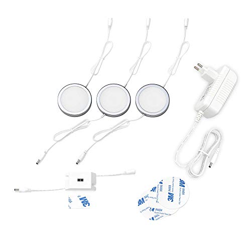Preisvergleich Produktbild EShine Puck-Unterbauleuchten mit Handbewegungs-Sensor - Runde LED-Schaltschrankbeleuchtung - Dimmbar - 3-Packung, Kaltweiß (6000K)