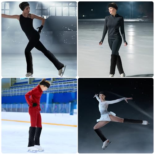 Image of TUYUU Zipper Leg Warmers and Headband Set, Fleece Lined Knit Legwarmers for Figure Skating, Ice Skating, Dance & Hockey