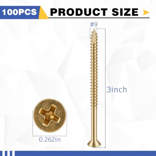Image of 100 Pack Satin Nickel Wood Screws #9 x 3 Inch Extra Long Heavy-Duty Hinge Screws for Doors, Cabinets, Furniture & DIY Projects, Bright Brass