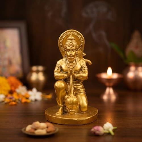Image of Divine Hanuman Ji Idol in Golden Finish | Kneeling Pose Hanuman Murti for Home Temple Pooja Room Decor | Resin Bajrangbali Figurine for Devotional Gift & Spiritual Strength Display