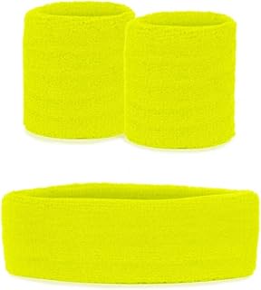 Cinta para el sudor para mujer, 2 pulseras, guantes para las piernas, años 80, color rosa neón (juego de bandas para el sudor, amarillo)