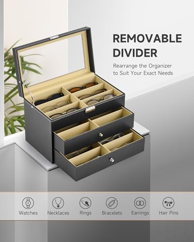 image for CO-Z 18 Compartment Sunglasses Organizer, Leather Eyeglasses Storage B