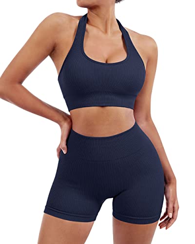 Suuksess Women Two Piece Seamless Ribbed Workout Sets Outfits Backless Halter Sports Bra Booty Biker Shorts (Navy Blue, M) #TOP1