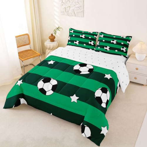 Image of Feelyou Soccer Comforter Set Full Size Kids Football Pattern Games Bedding Set for Boys Girls Teens Sports Theme Green Geometric Stripes Duvet Quilt Room Decor