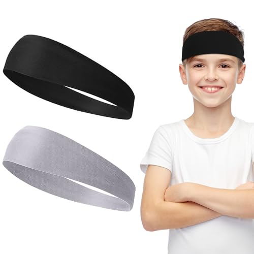 Image of Gjinxi Boys Headbands for Sports, 2Pcs Black Elastic Athletic Headbands for Football Soccer Baseball Karate Running, Breathable Sweat Bands for Kids Boys Girls, Children Workout Head Sweatband