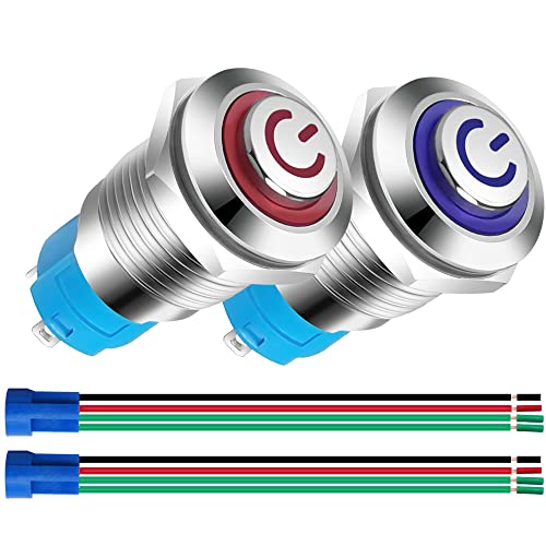 Gebildet 2pcs 12 mm Stainless Steel Self-Locking Latching Push Button Switch 12V24V 3A Power Symbol LED Normally Open SPST ON Off Waterproof with Socket Plug (Blue + Red, High Head)