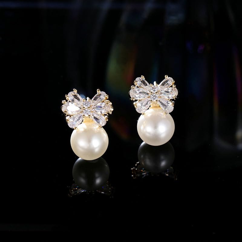 CFWSHJ 14K Gold Moissanit Schleife Perlen Ohrringe, dreidimensionale Schleife Ohrstecker für Frauen Party Night Out, süßer Modeschmuck für Valentinstag Date