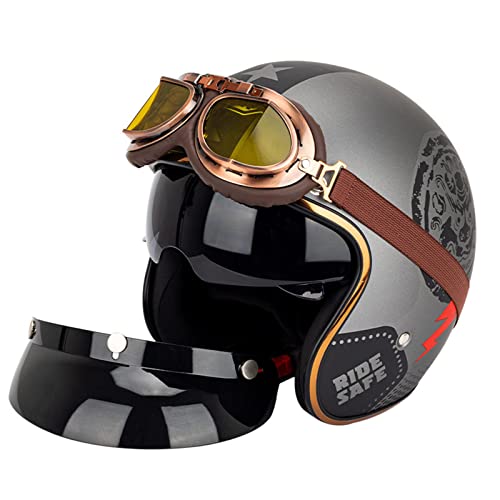 Rétro Jet Casque Style Allemand Demi-Casques Avec Visière Hommes Femmes Vintage Braincap Casque Moto Bols DOT/ECE Homologué,Pour Toutes Les Saisons 6,M:57-58CM Cover