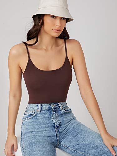 Floerns Women's Basic Spaghetti Strap Leotard Solid Cami Bodysuit Tops Chocolate Brown L #TOP2