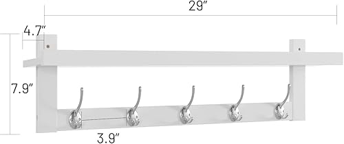 Miniatura 2 de Wonder Comfort Juego de 2 ganchos para abrigos con estante montado en la pared, estante colgante de bambú con 5 ganchos de metal dobles (blanco)