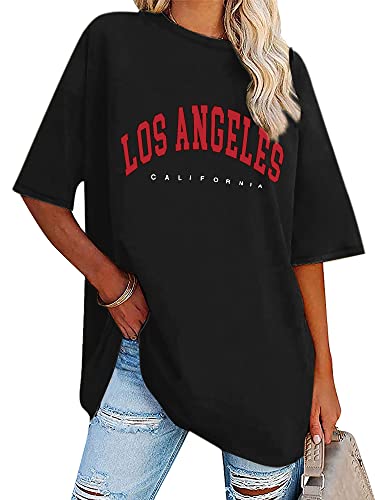 Dresswel Oversized T Shirt Damen Los Angeles California Brief drucken Vintage T-Shirt Kurzarm Rundhals Sommer Oberteile Lose Bluse Lang Tunika Top für Teenager Mädchen