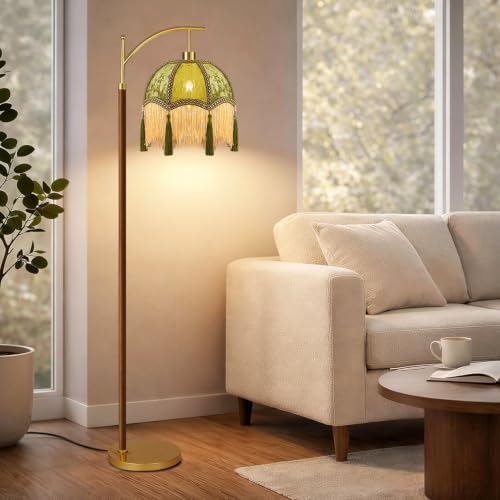 Image of AHDWDW Gold Vintage Floor Lamp for Living Room Bedroom,Arc Victorian Floor Lamps with Remote,Wood Standing Tall Lamp with Green Tassels Velvet Lampshade,Fringe Dimmable Modern Floor Lamp for Corner