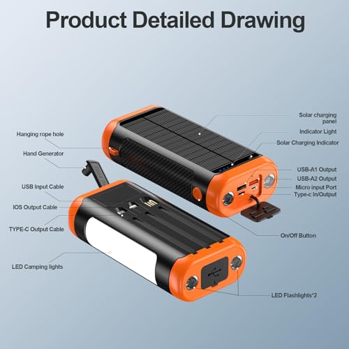 DJKK Solar Power Bank Portable Charger:66800mAh Built in Hand Crank and 3 Cables 22.5W Fast Charging Phone External Battery Pack(5 Outputs & 5 Inputs) with Camping Flashlights/Table Lamp/Compass - Image 8