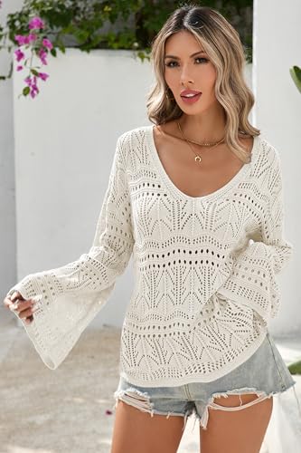 Image of Cakulo Womens Summer Crochet Tops Boho Off Shoulder Sweaters Lightweight V Neck Loose Vacation Resort Wear 2026