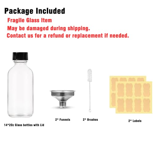 14Pack 2 oz Small Clear Glass Bottles with Lids - Shot Bottles with Caps for Ginger Shots, Juice, Potion, Liquids, Whiskey - Mini Travel Bottles with Funnels, Stickers and Brush3