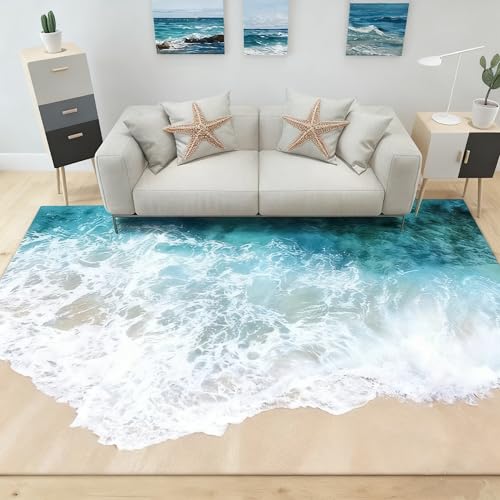Iczodrow Coastal Rugs with Beach Theme Rug 3.9x5.2 Large Blue Sea Ocean Rug for Livingroom-Non-Slip Nautical Area Mats for Home Tropical Decor