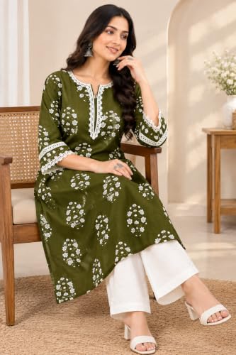 Image of Women's Cotton Floral Printed V-Neck A-Line Kurta /Regular Fit Kurti-3 /4 Sleeve