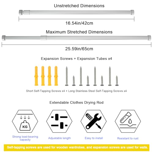 VirtuGro 42-65cm Kleiderstange Ausziehbar bis 70KG Teleskop Kleiderstange für Schrank Stange für Kleiderschrank Verstellbar Verdickt & Robust Weiß