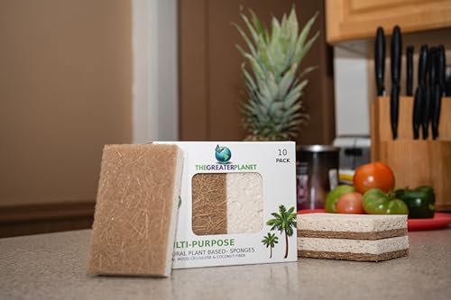 Image of THE GREATER PLANET- Natural Kitchen Sponges, Eco Friendly Cleaning sponges-Multipurpose Wood Cellulose Scrub sponges-10 Pack Biodegradable Organic Kitchen Dish Sponge Cleaning Earth Friendly Sponge.