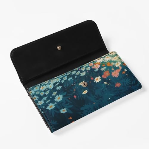 Image of AFPANQZ Womens Wallets Leather Trifold Multi Card Holder Slots Wallet, Cute Black Cat Daisy Print Elegant Clutch Phone Holder Zip Inner Pocket Multi-Cards Slots Large Travel Wallet