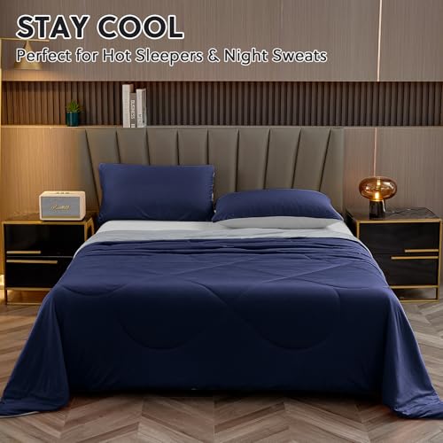 HOMFINE Cooling Comforter Twin Size, Dark Blue Summer Cooling Blanket for Hot Sleepers and Night Sweats, Japanese Double-Sided Cold Tech Fabric Q-Max 0.45, Soft Breathable Silky Smooth Lightweight