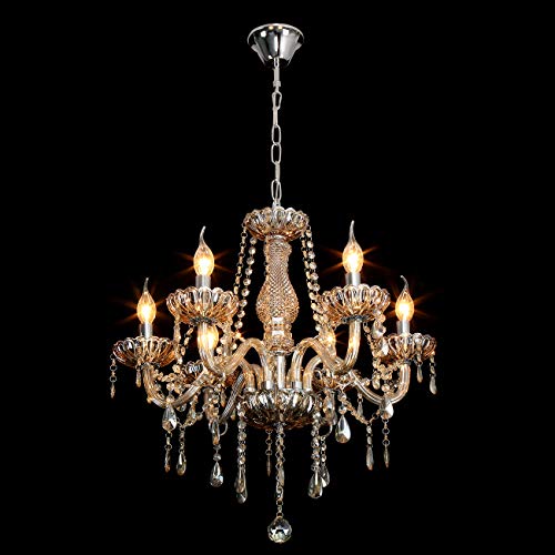 Ridgeyard Cognac(Shampane) Color E12 Bulbs Crystal Candle Style Chandelier Ceiling Lighting Pendant Luxury Romantic Lamp for Living Room Dining Room Bedroom Hall Balcony (6-Lights)