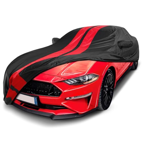 Image of Coverland Custom Car Cover Waterproof All Weather for 2005-2023 Ford Mustang, Weatherproof Car Covers for Automobiles, Rain, Snow, UV, Sun Protection, Full Exterior Covers, Stripe(Black /Red)