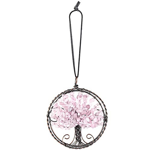mookaitedecor Rose Quartz Crystal Tree of Life Hanging Ornament Wall Art Decor Gemstone Reiki Stone Gifts for Friends Hallway Stairs Reiki Chakra Stone Home Decor for Good Luck