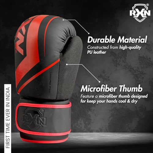 Image of RXN R1 Boxing Gloves with Microfiber Thumb, Premium, High-Performance & Durable for Men, Women & Kids, Training, Kickboxing, Taekwondo, MMA, Muay Thai & Martial Arts (Black /Red, 14oz)