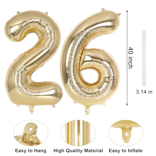 Image of Champagne Gold Large Number 26 Balloon, 40 Inch Light Gold Foil Helium Number Balloons, Giant Mylar Number 26 Balloons for 26 Years Old Birthday Party Anniversary Decorations (Champagne Gold 26)