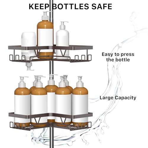 Image of KEGII Shower Caddy Tension Pole with 2 Towel Bars, Adjustable Corner Bathroom Organizer, Rustproof Bathtub Storage Shelves for Shampoo, 25-114.2 Inch Shower Corner Rack for Renters & Family, Bronze