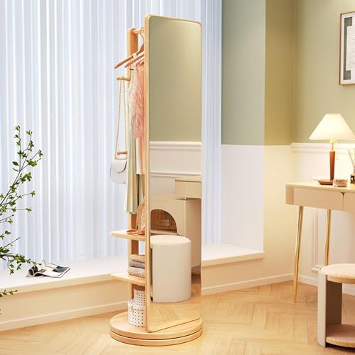 360° Rotatable Full Length Mirror - Solid Wood Floor Standing Body Mirror with Coat Rack, Hooks & Shelves - Perfect for Living Room, Bedroom, Cloakroom Decor