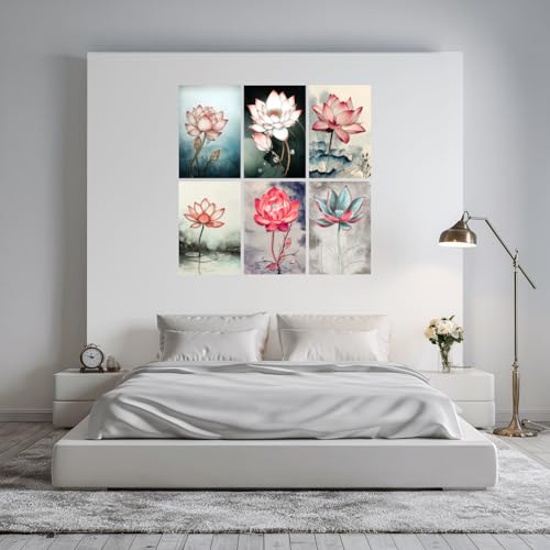 Image of SiddArtify Lotus Flower Wall Art Poster Print Set - Botanical Floral Decor for Living Room Bedroom Office - 8x12 Sticker Pack of 6