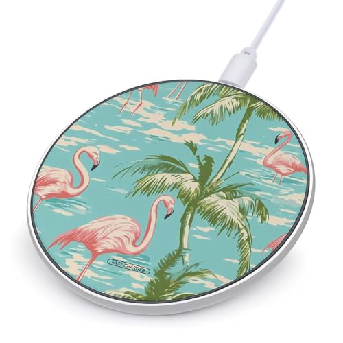 Flamingo Coconut Tree Round Wireless Charger Pad with USB Cable No AC Adapter 10W Fast Charging Station