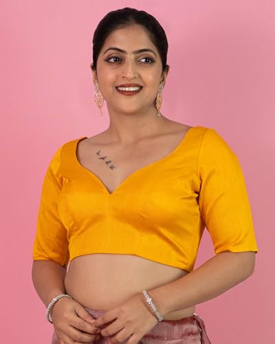 Image of FIGURE'S DESIGNER Women's Dupion Raw Silk Half Elbow Sleeves Sweetheart V Neck Sabyasachi Cut Readymade Saree Blouse S10