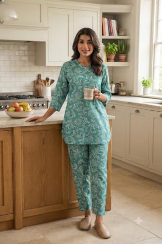 Image of Women's Pure Cotton Printed Night Suit,Top and Relaxed Pajama Set, Stylish Sleepwear, Casual Wear