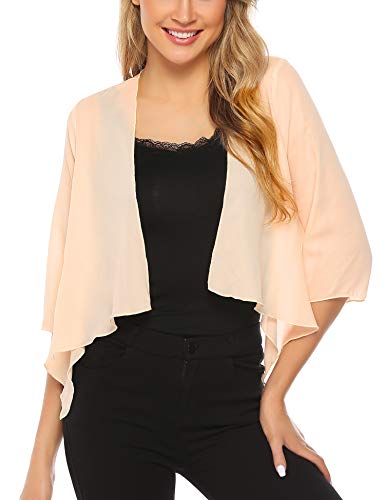 Abollria 3/4 Sleeve Shrug Sheer Wrap Cropped Bolero Top Thin Cardigan Apricot