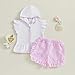 Mobbdow Toddler Baby Girl Swimsuit Bathing Suit Coverup Terry Cloth Flutter Sleeve Zipper Hooded Tops Plaid Ruffle Shorts Set (Pink, 12-18 Months)