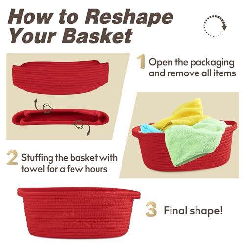 Image of Pro Goleem Small Woven Basket with Gift Bags and Ribbons Durable Baskets for Gifts Empty Small Rope Basket for Storage 12 inchX 8 inch X 5 inch Baby Toy Basket with Handles, Red