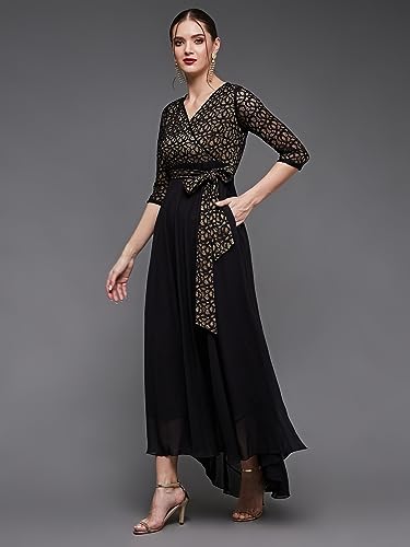 Image of Miss Chase Women's Floral Printed Relaxed Fit V-Neck 3 /4th Sleeve Maxi Dress