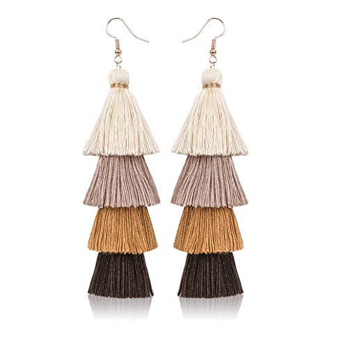 Womens Layered Tassel Earring Beaded Boho Statement Fringe 4 Tiered Long Vintage Chandelier Drop Dangle Earring