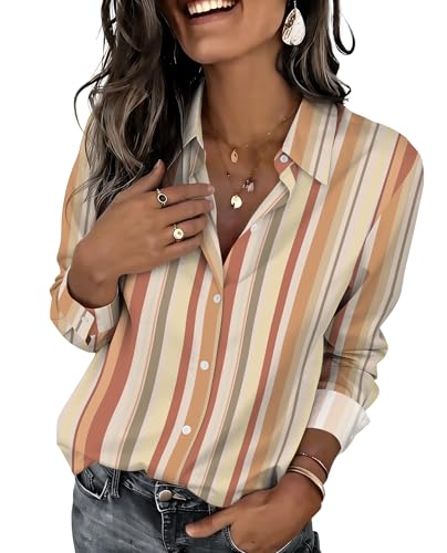 Zeagoo Striped Blouses for Women Dressy Casual V Neck Long Sleve Button Down Shirts Work Tops Business Fashion Clothes