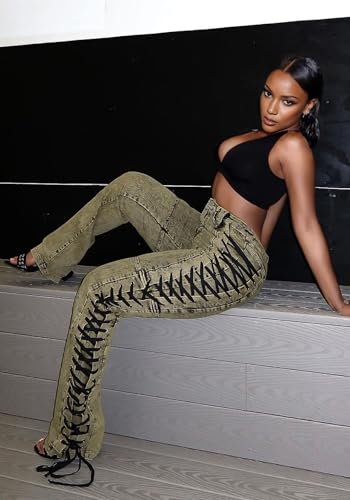 DINGANG High Waisted Sexy Jean for Women's Straight Leg Drawstring Lace Up Stretch Distressed Denim Pants4