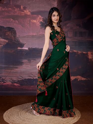 Trendmalls Women's Vichitra Silk Embroidred work Saree with Unstitched Blouse Piece