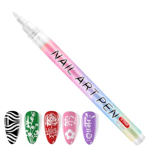 Kalolary 1PCS White Nail Art Pens，0.7mm Nail Polish Pens Quick Dry Long-last Nail Graffiti Dotting Painting Liner Nail Art Markers for DIY Nail Art Design