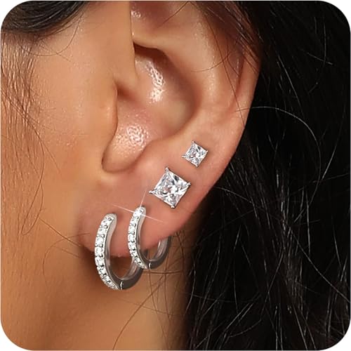 MDFUN Hoops Huggie Stud Earrings Set 14K White Gold Plated Cubic Zirconia Earring for Women Pack of 2/5 Pairs2