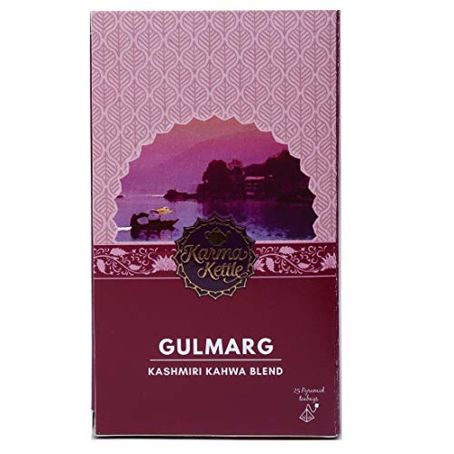 Karma Kettle Gulmarg Kashmiri Kahwa Green Loose Aromatherapy Natural Tea Leaf with Almonds Saffron Apricots Spices 25 Pyramid Teabags