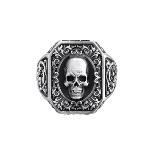 Baroque Skull Signet Ring, Sterling Silver Gothic Biker Jewelry, Memento Mori Statement Rings, Victorian Skull Ring For Men2