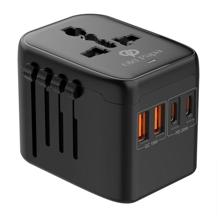 Old Papa 5 in 1 Universal Travel Adapter, PD20W International Power Adapter, 2 x USB-C PD & 2 x USB-A PD Fast Charging for US, UK, Europe, AUS, South Africa, India and 200 Countries (Black)-image-45