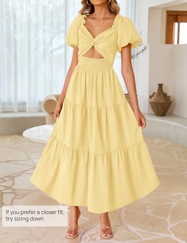 Image of ZESICA Womens Summer Casual Flowy Vacation Maxi Dress 2026 Short Puff Sleeve A Line Smocked Cutout Beach Party Dresses